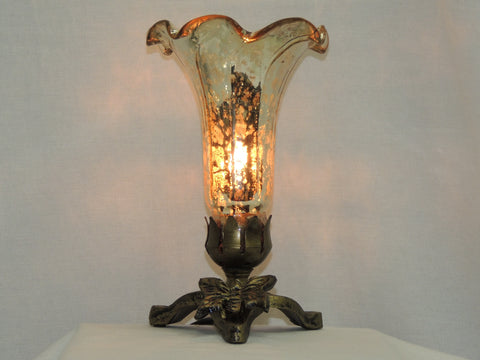 Vintage style lily mercury gold glass table lamp with warm glow, ornate antique bronze finished base with sculpted legs and butterfly resting on base.