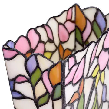 Stained glass floral vase-shaped lampshade with colorful floral pattern on a white background.
