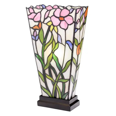 Decorative vase-shaped lamp with floral stained glass design on a white background.
