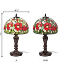 Two Genevieve Red Flowers Table Lamps with dimensions indicated on a white background, lit and unlit.