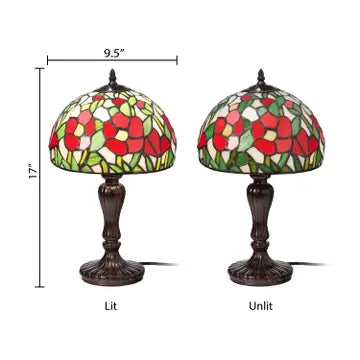 Two Genevieve Red Flowers Table Lamps with dimensions indicated on a white background, lit and unlit.