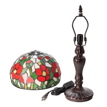 Tiffany-style Red Flowers Table Lamp with stained glass shade and metal base on a white background.