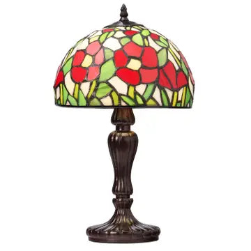 Tiffany-style Genevieve Table Lamp with floral stained glass shade on a white background.