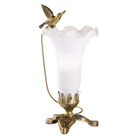 White lily glass lamp with a decorative soaring hummingbird bird on a dark and light bronze 3 leaf base.